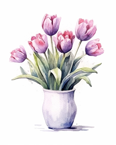 detailed vibrant watercolor bouquet of purple tulip flower in plain ceramic vase white space , isolated on white background, realistic, clipart