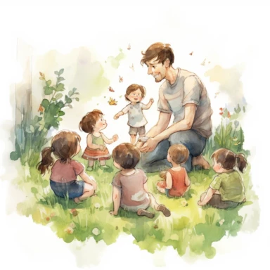 old father with brown hair playing with 7 kids in the garden. There is a 7 year old boy, two 4 year old boys, one 3 year old boy, one 4 year old girl with a dress, one 2 year old baby girl with a dress, and one 1 year old baby boy, watercolor style. background outdoor, sunset, clipart