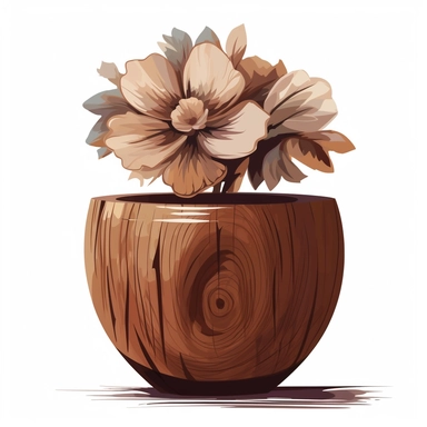 brown Flower inside a brown wood Pot Clipart in the style of oil painting, clean lines on a white background