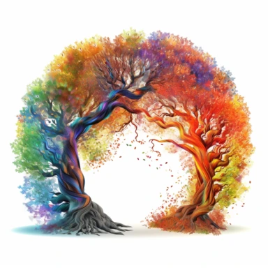 Magical tree arch enveloped in a swirling rainbow of vibrant colors, clipart, on a white background.