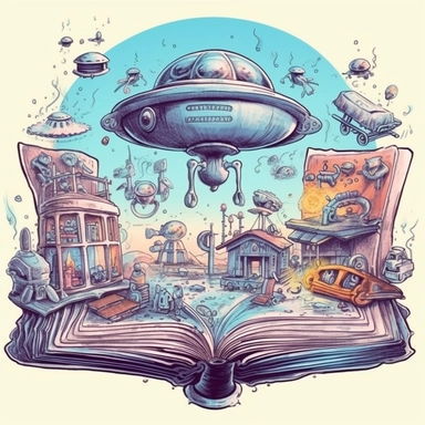 science fiction scene coming out of an open book, rockets, ufos, robots, magical, watercolors, Clipart, pastel blue color theme, intricate and detailed