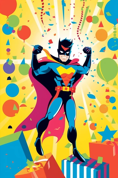 Design a vibrant and colorful clipart image of a superhero character's birthday on white background. Depict the superhero character surrounded by party decorations like balloons, party hats, and a big birthday cake. Include text that says Happy Birthday in bold and playful fonts. (--ar 1:1) Create a playful and fun clipart image of a superhero character's birthday party. Depict the superhero character surrounded by friends and family, wearing party hats and holding balloons. Include elements lik