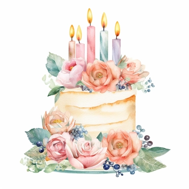 complex watercolor illustration of cute vintage floral pastel birthday cake with candles covered with pastel roses, isolated ,disney style,concept,art,8k,hd,watercolor,detailed,white backround,clipart