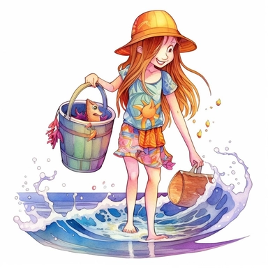 Watercolor clipart, of a cute and happy girl playing on the beach and in the sea, in the scene the girl carries a bucket with water held by the handle, her feet sunk in the water, the girl's clothes are very colorful, the scene boho cartoon style, detailed design, perfection in shapes, white background,