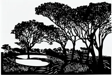 golf course silhouette, linocut, clipart