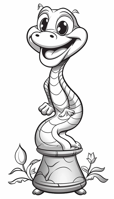 Snake that is clean and simple on a white background, in 2d clipart vector style for adobe illustrator, should express a comic and a cartoon style look, cute and funny, the outer border width must be 4mm, it must be suitable for a coloring book, smooth lines, show full animal with its all body parts in vitali-iakovlev style, single image per page, image should be inside the page, image should not touch the edges of the page