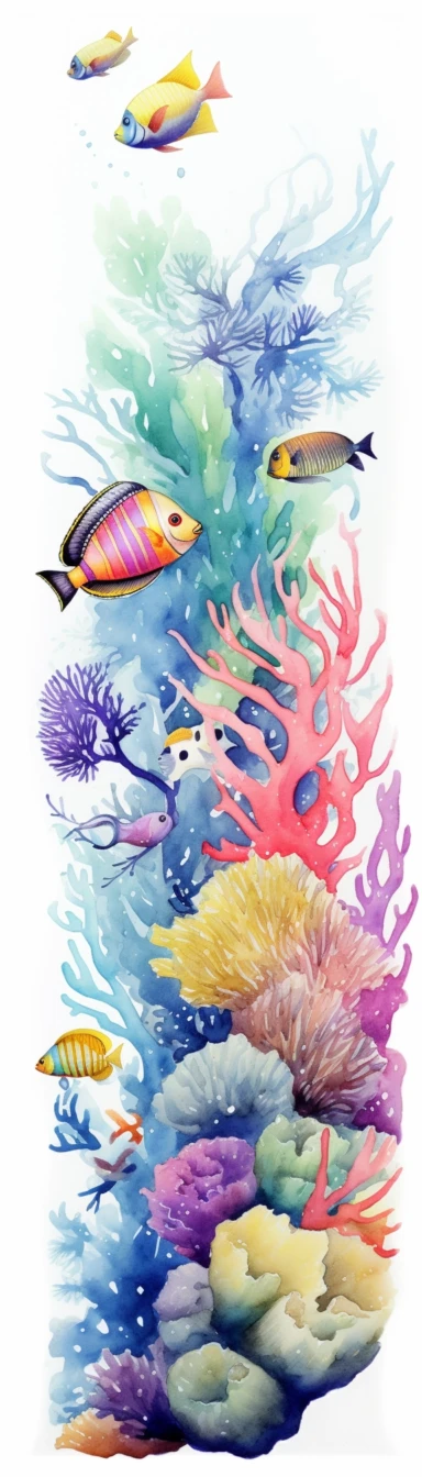 Clipart Tropical fish swimming among coral reefs, Watercolor, white background, vertical format