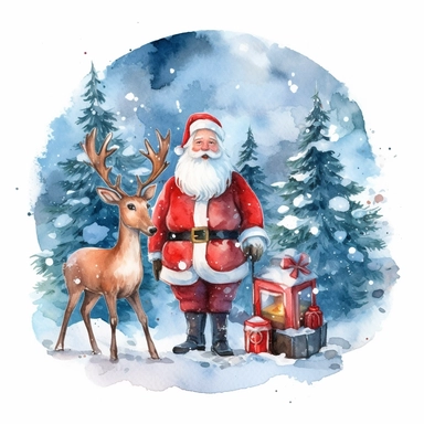 Clipart on blue backgraund red Santa Claus with red big gifts and a Christmas deer in a snowy green forest water color