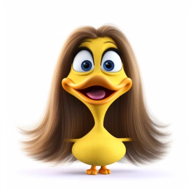 clipart of a female rubber duck with a funny face, long hair and lipstick, cartoon, for kids, funny, pixar, 8k, white background, sharp focus, detailed,