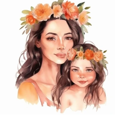 watercolor beautiful latin mother and daughter, black hairs, cute, model face, clipart, white background, png