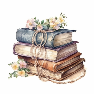 watercolor clipart of beautiful pastel old pile of books wrapped wiith cords and white tiny flowers ornament, vintage style