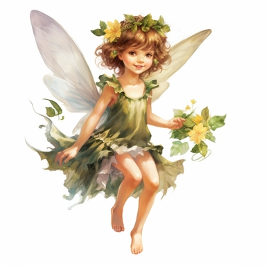 oil painting clip art on isolated white background in the style of Alexandre Cabanel of a cute child summer fairy! The fairy should be wearing a summery outfit, complete with flower garlands, sandals, and maybe even some butterfly wings. The fairy should be surrounded by summer elements like flowers, sunshine, greenery. The fairy can be depicted in a variety of poses, such as sitting on a flower petal, flying around with a wand, or resting on a beach ball. The overall feel of the clip art should