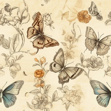 vintage butterfly and flower sketch, ephemera paper design with ornate illustrations, vintage, distressed textures, muted colors, craft paper texture, pen and ink on paper with watercolor washes Watercolor, vector, white background, rice paper texture, clipart, Seamless patterns, repeating patterns design, flat illustration, outlined , Vector, 4K, Art station, highly detailed clean, detailed illustration, 3D vector art, cute and quirky, fantasy art, watercolor effect, bokeh, Adobe Illustrator, h