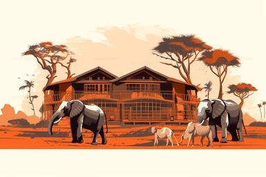safari lodge in Kenya with an Elephants vector clipart | safari lodge in Kenya with an Elephants vector on white background, in the style of high quality photo, CHARCOAL VERMILION and CLAY color