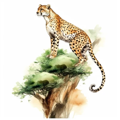 realistic watercolor cheetah climb up a green tree while waiting for predator on solid white background, clipart