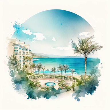 Watercolor azure sea shore, paradise place, five-star hotel, luxury, clipart, simple