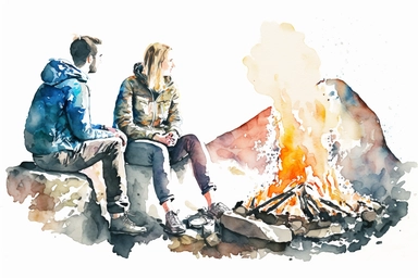 watercolor and pencil, camping, happy couple is sitting on opposite side of the camp fire and looking at each other, beautiful mountain behind, white background, isolated clipart