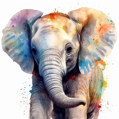 please create watercolor clipart of a baby elephant facing to the right and smiling, face close view, colorful