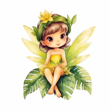 cute little fairy with white wings, yellow dress, watercolor, clipart, white background, sitting on a big green leaf in profile, 8k, print - ready, detailed, full body, pixar style, disney style, adorable, big eyes