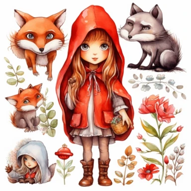 red riding hood clipart, vector art, clip art, clipart, in the style of claudia tremblay, birds& flowers, kawaii manga, realistic watercolors, dark white and light orange, eleanor fortescue - brickdale, isolated figures