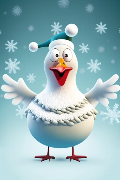 no text, winter wonderland background with snow and snowflakes, 3d whole body clipart of a smiling, friendly peacock, wearing a santa clause hat, christmas vibes, cartoon network style, friendly face, head unproportionally bigger than body, detailed body shape, front shot, insanely big shiny eyes, caricatured face, insanely glossy, plastic like fur and skin, unrealistic, 8k photography, cinematic, super cute face, Photography, Ultra-Wide Angle, Depth of Field, hyper-detailed, beautifully color-c