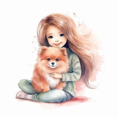 baby love spitz pomeranian ,girl with a dog, love dog, cute, Watercolor Clipart high quality, white background , cute, love , love animals