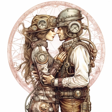 A steampunk couple sharing a tender moment, their hands intertwined and gazes filled with affection. Ultra high quality, intricate detail, retro - futurism, pastel clipart, white background