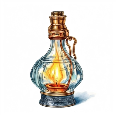 watercolor, hyper realistic, white background, white margins, 16k, ultra detailed clipart, cut out image, hand-drawn a vintage oil lamp bottle with a wick sticking out of it, ready to be lit