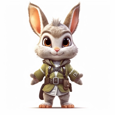 Adorable cute fantasy baby rabbit dressed like rune farmer standing in dynamic pose,front view,fullbody,sharp through out,happy expression, nursery art, clipart image, lineart image, white background, very detailed, 8k, composition wide shot