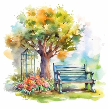 clipart, isolated on white background, Watercolor Spring ornated metale royal bench under the tree, flowers and grass and plants, ornated, vivid and vibrant and saturated colors