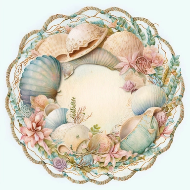 watercolor clipart of beautiful pastel shells in a big round wrapped with rustic cord ornament, vintage style