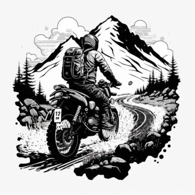 Clipart style image with Adventure motorcycle drawn using thin, black lines on a white background on a single track road, the rider is standing and the motorcycle has soft luggage. The trail itself is winding and full of obstacles like mud and rocks. The background is a bright white color, making the dark lines of the motorcycle and the surrounding landscape stand out in contrast.