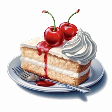 incredible detailed acrylic art piece of cake on white plate with cherry clipart, hyperrealism, clear picture in high resolution, highlights , white background, appetizing, clear and contrast image, reflections, very detailed drawing, menu illustration, r