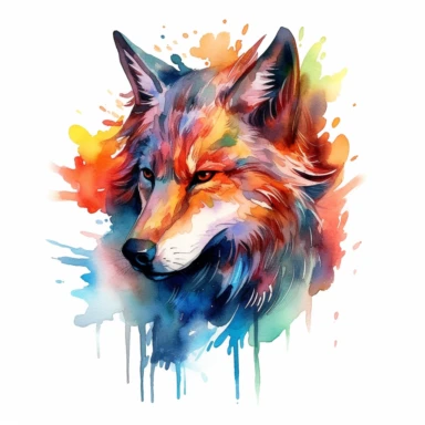 A wolf's head or a full-body image, symbolizing strength, courage, and leadership, fire, watercolor art, clipart