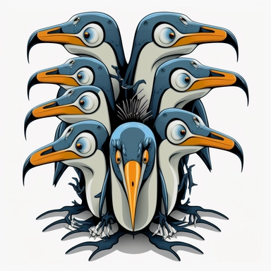 a cartoon clipart eight headed Hydra penguin, no background
