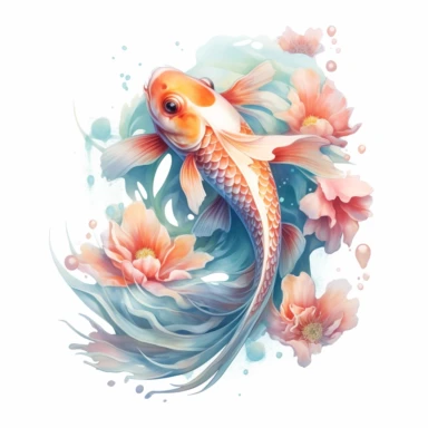 Fantasy floral Koi Fish Clipart, Watercolor Cartoon, hyper realistic, intricate detail, illustration style, high resolution, on the white background