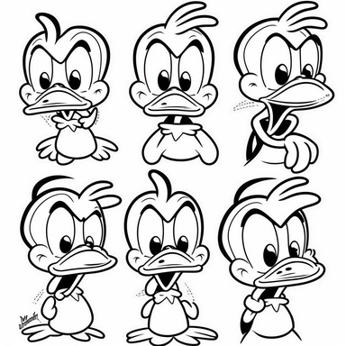 only outline of donald duck with various facial expressions for children's drawing, clipart