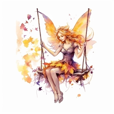 beautiful watercolor clipart painting of A magical fairy in the style of Disney movies in orange pink purple fantasy style sitting on a swing made of ropes and yellow leaves Her gaze shifts to the side and up