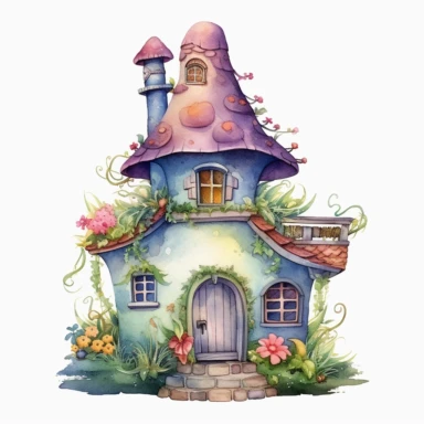a whimsical watercolor summer fairyhouse, sublimation clipart,featuring cozy house, painted in soft pastel shades of blue, pink, green, and yellow, with intricate details such as flowers, vines, and shingled roofs, fine brushes, and various shades of pastel paint pigments, isolated on a white background,single object, print on demand image, PNG transparent background, white background for removing background - - no text shadow font watermark