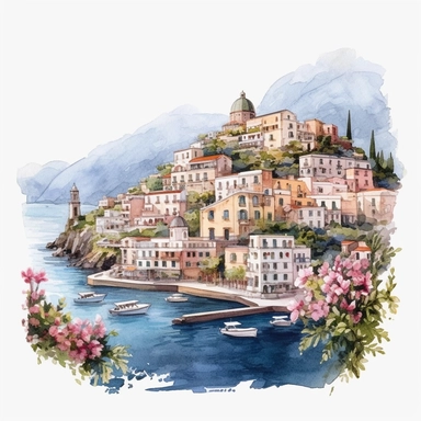 The Amalfi Coast, Italy, watercolor Clipart, watercolor Sublimation graphics, hand drawn illustration by katie daisy, Watercolor clipart, single design, single object, print on demand image, PNG transparent background, white background for removing background - - no text shadow font watermark, 8k