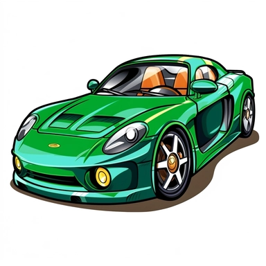 a green sports car cartoon clipart on a white background, caricature-like, two dimensional
