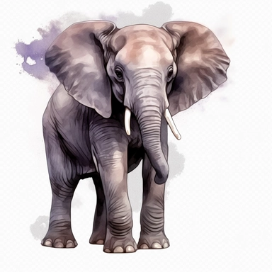 a baby female grey African elephant with a pink bow on the head, stood sideways to the camera looking right, shooting water from its trunk, watercolour painting transparent blank background png clipart