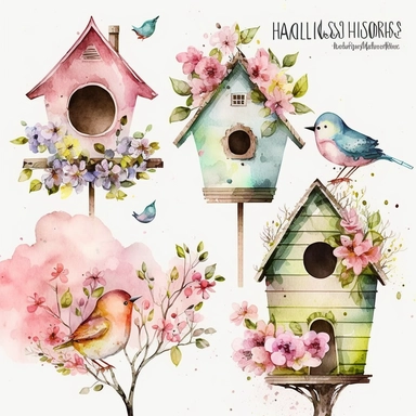 Watercolor Bird Houses Clipart - springtime cute birdhouses and blossoms