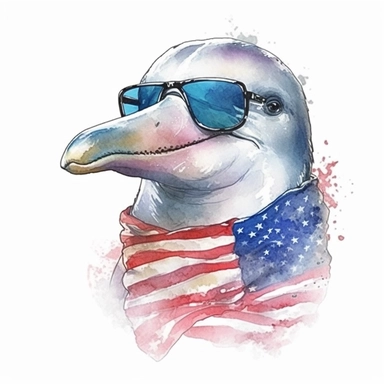 closeups shot, low angle, watercolor style, Amazon river dolphin, wears American flag scarf and sunglasses, hyper-realistic animal illustrations, 2d game art, quadratura, clipart, on white background,