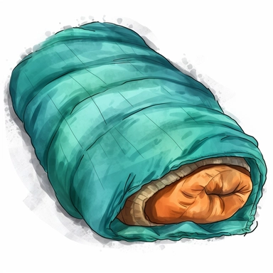 watercolor, sleeping bag clip art of a sleeping bag rolled up or unrolled. png full-body realistic cartoon in 32K UHD cute. 15 cm thick outline. Black color. There was no shadow on the ground. 8k with realistic watercolors and detailed illustrations. PNG clipart, transparent white background