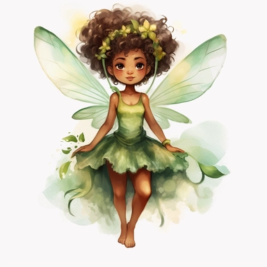 cute brown skin fairy girl clipart watercolor green dress [turnabout] front view, looking at camera cw, 8k, hd v5 line drawing