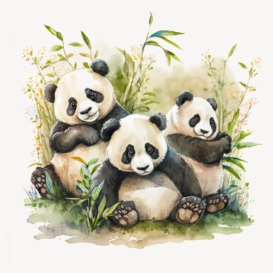 WATERCOLOR CLIPART FAMILY OF PANDAS CUTE PLAYING FOOLING AROUND IN THE NATURAL HABITAT