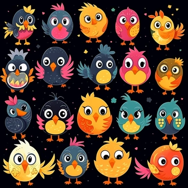 cute cartoon bird clipart, black background,--no cut off edges