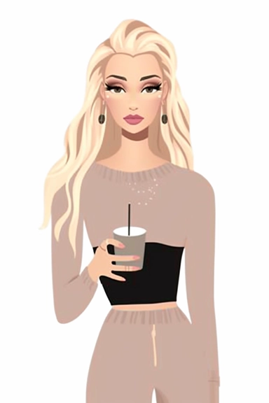 Mary Blair style, minimalistic nordic style single clipart, single beautiful fashion model wearing pyjama holding cup, full body, minimalistic pastel pink color palette, white background