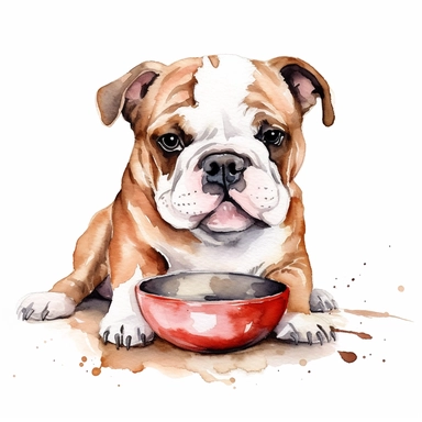 cute adorable small baby bulldog watercolor clipart, big shiny adorable puppy eyes, drinking water from a dog bowl, cartoonish character, smiling, no background, no text, High quality